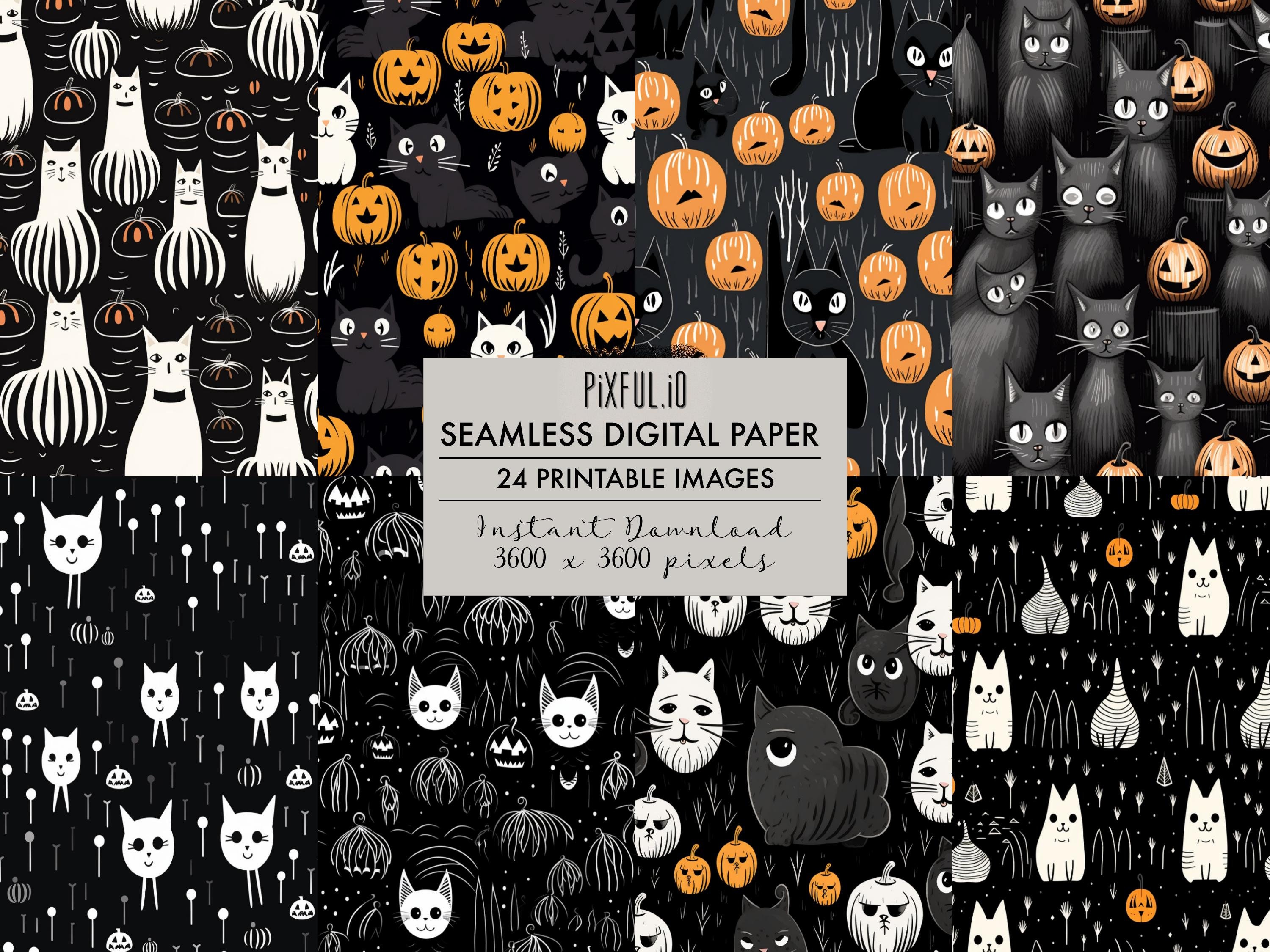 Printable Seamless Halloween Cats Pumpkins Digital Paper, Graphics ...