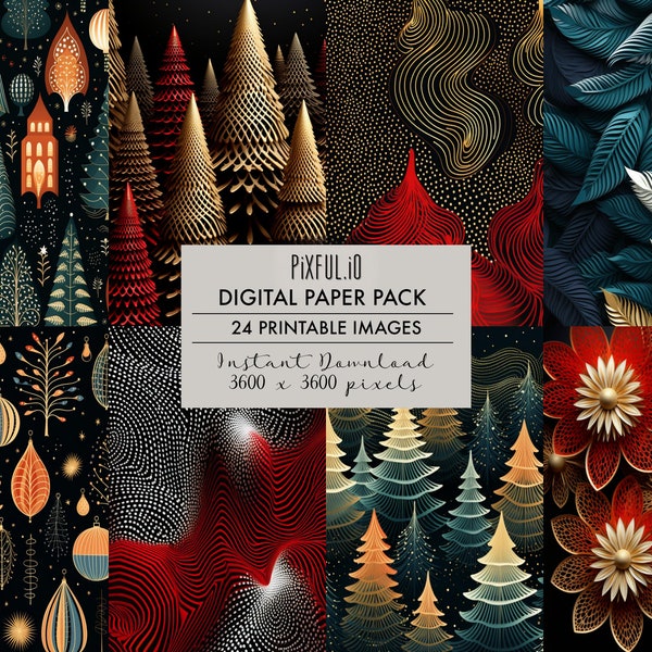 Guilloché Muster Weihnachten Digitales Papier 24er Pack, Junk Journal Kit Seite, druckbare Ephemera, Scrapbooking Zubehör, Web Hintergründe