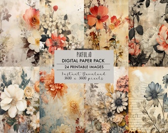 Floral Pattern Junk Journal Page Digital Paper 24 Pack, Junk Journal Kit Page, Printable Ephemera, Scrapbooking Supplies, Web Backgrounds