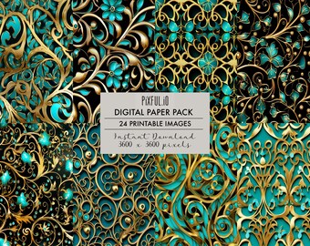 Turqouise Arabesque Digital Paper 24 Pack, Junk Journal Kit Page, Printable Ephemera, Scrapbooking Supplies, Web Backgrounds