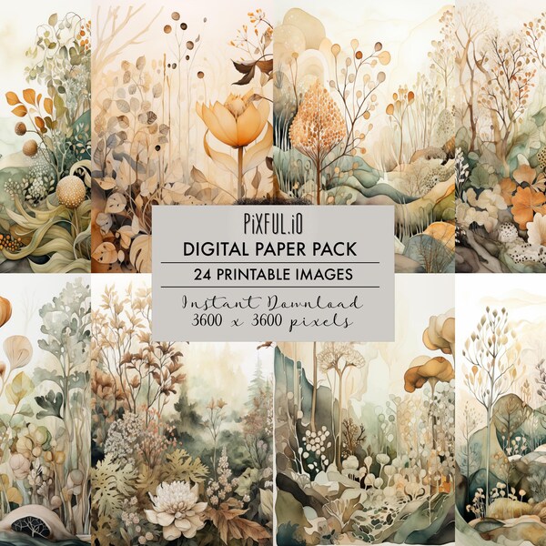 Watercolor Autumn Floral Digital Paper 24 Pack, Junk Journal Kit Page, Printable Ephemera, Scrapbooking Supplies, Web Backgrounds