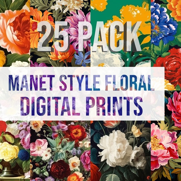Manet Style Floral Digital Paper - Print Multi Medium Flower Patterns - 25 Designs - 12x12in - Commercial Use - Floral Sublimation