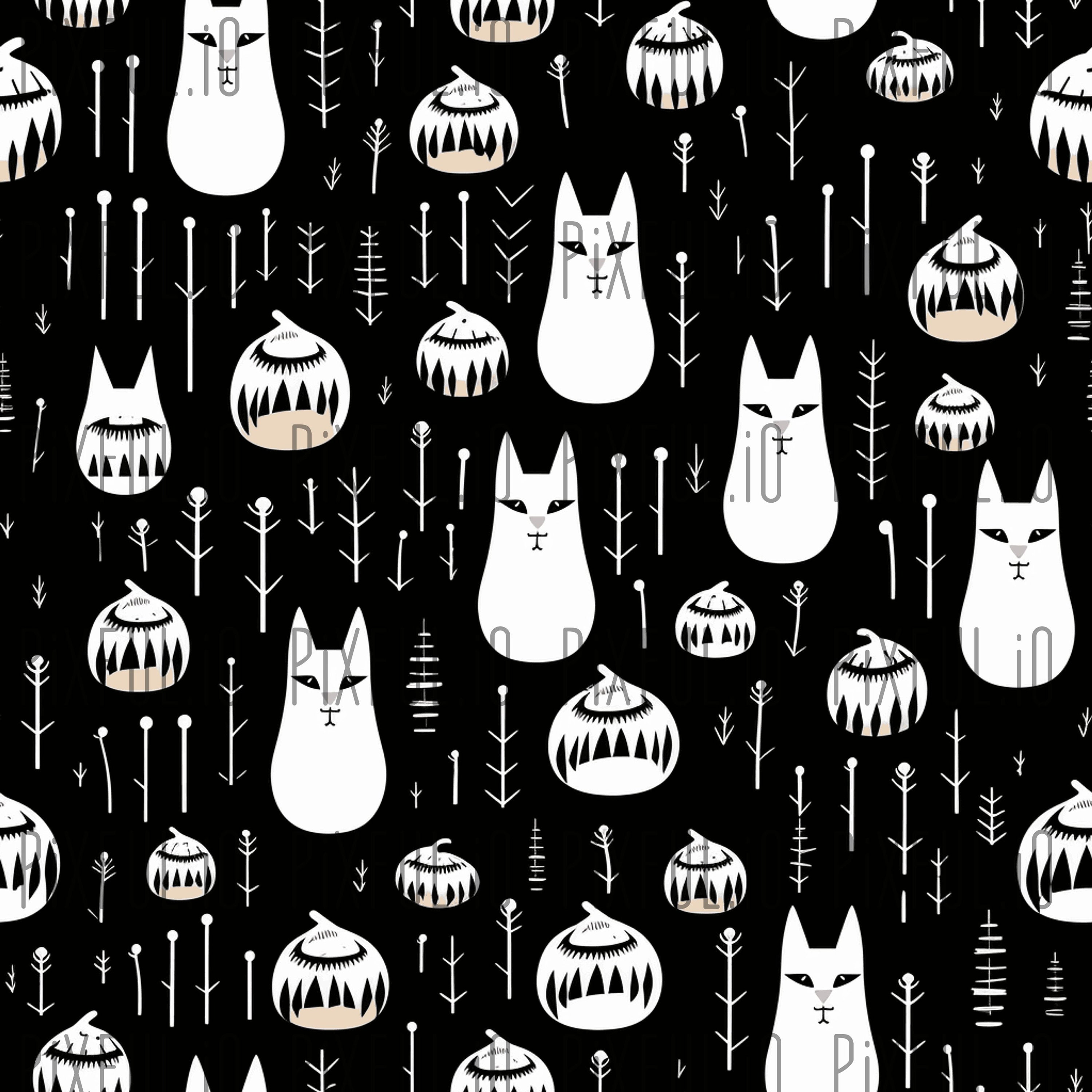 Printable Seamless Halloween Cats Pumpkins Digital Paper, Graphics ...