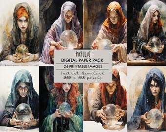 Watercolor Painting Of A Fortune Teller Paper, Digital Patterns 24 Pack, Clip Art Png Graphics Instant Download Commercial Use Printable