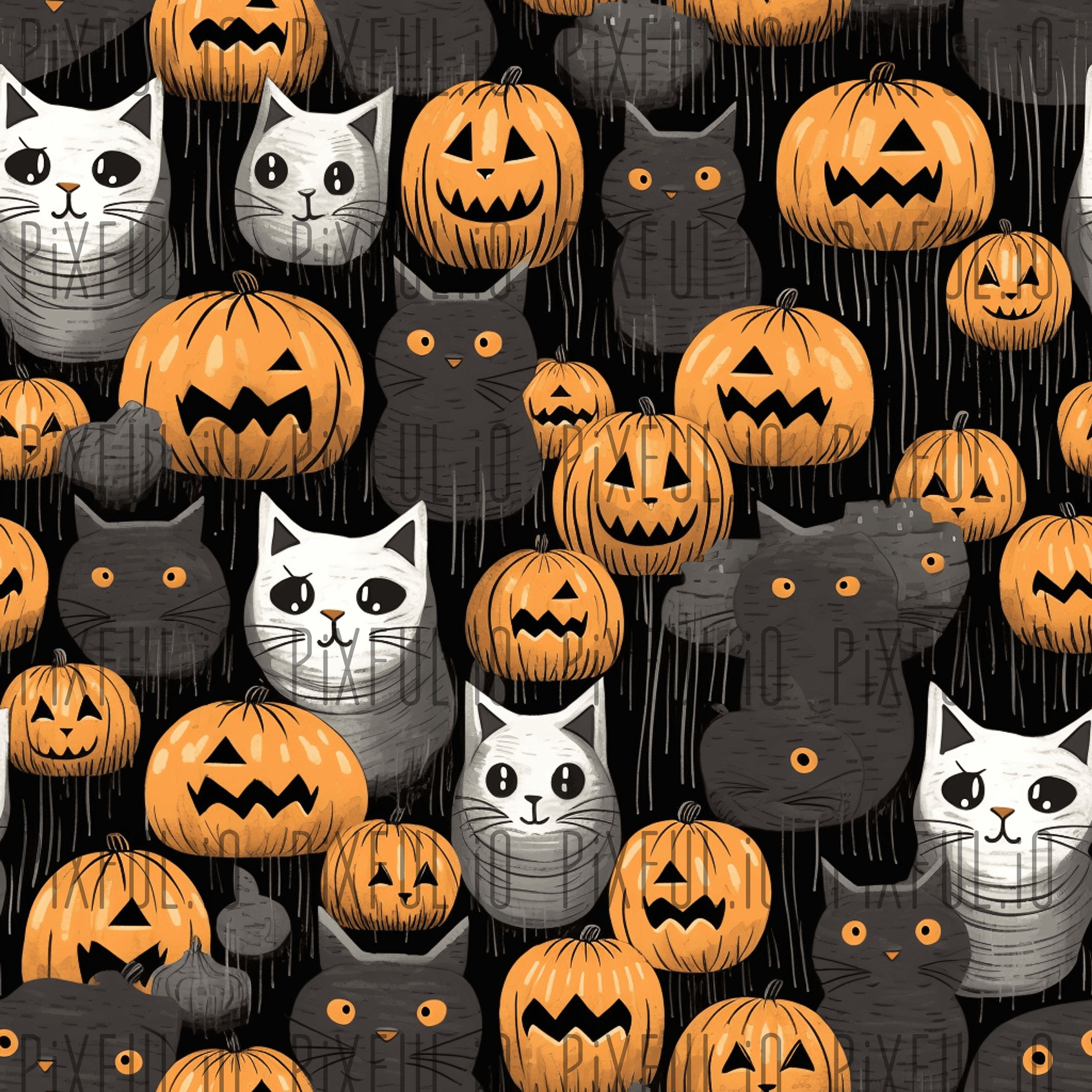 Printable Seamless Halloween Cats Pumpkins Digital Paper, Graphics ...