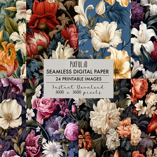 Seamless Flowers Popping Out Screen, Optical Illusion Patterns, Digital Paper 24 Pack, Junk Journal Page Instant Download Commercial Use