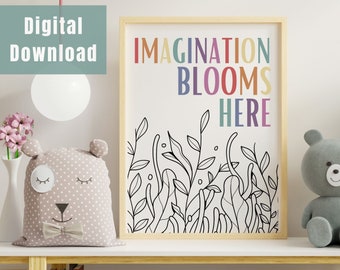 Boho Inspirational Floral Poster, Classroom Inspirational Print, Boho Learning Poster, Homeschool Poster, Imagination Blooms Here Poster