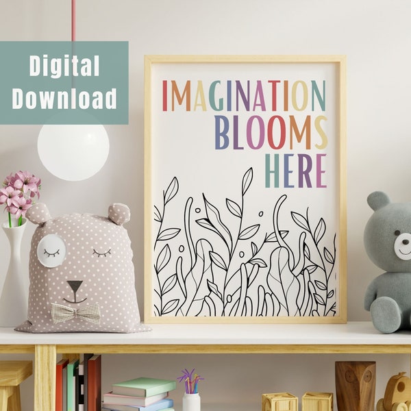 Boho Inspirational Floral Poster, Classroom Inspirational Print, Boho Learning Poster, Homeschool Poster, Imagination Blooms Here Poster