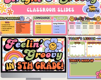 Retro Classroom Slides, Editable Daily Computer Projector Templates For Canva, Bright Happy Flower Decor