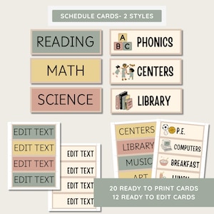May include: A set of 20 printable classroom schedule cards in two styles. The first style features a simple, colorful rectangle with text. The second style features a colorful rectangle with text and a small illustration. The text includes subjects like Reading, Math, Science, Phonics, Centers, and Library. There are also 12 editable cards with the text "Edit Text" on each.