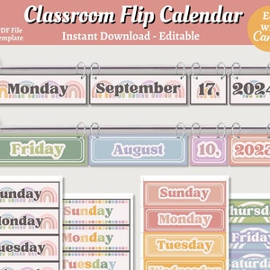Classroom Flip Calendar Display, Editable Canva Template, Modern Boho Elementary Decor, Classroom Management Printable, Classroom Calendar