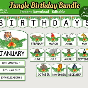 Jungle verjaardagsbundel, verjaardagsdisplay student, bewerkbare afdrukbare leraar, decor jungle klas, instant download, canvassjabloon