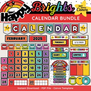 Rainbow Classroom Calendar Bundle,  Printable & Editable Calendar Display, Weather Station, Bold Rainbow Classroom Decor, Canva Template