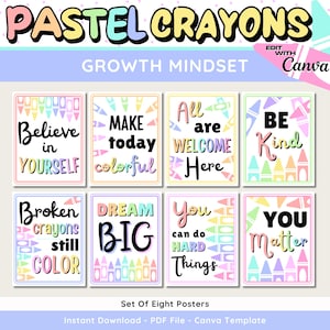 Pastel Crayon Growth Mindset Posters, Printable & Editable Pastel Rainbow Decor, Colorful Inspirational Kids Prints, Instant Download