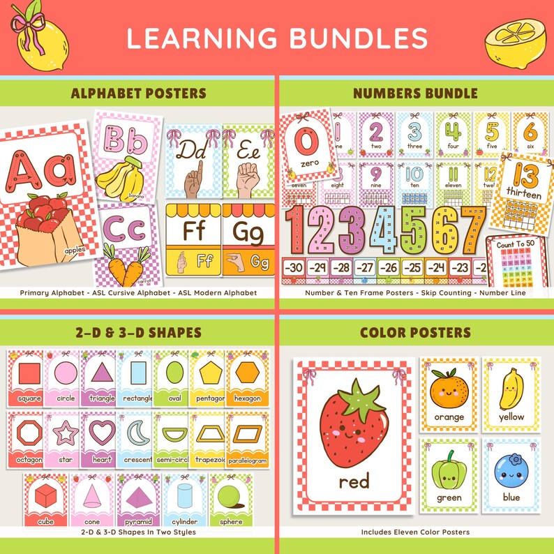 K&ouml;nnte beinhalten: Lehrpakete mit Alphabet, Zahlen, Formen und Farben. Die Poster zeigen farbenfrohe Illustrationen von &Auml;pfeln, Bananen, Karotten und Fr&uuml;chten. Enth&auml;lt Poster f&uuml;r das prim&auml;re Alphabet, ASL und die Zahlenerkennung.
