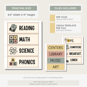 May include: Printable classroom labels for centers, including Reading, Math, Science, and Phonics. The labels are in a retro style with illustrations and text. The printable file is 8.5 inches wide by 11 inches high.