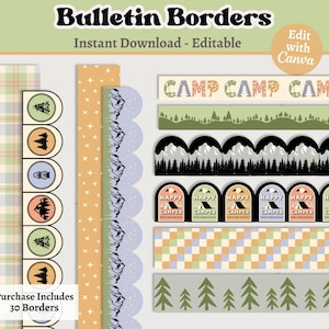 May include: A set of 30 printable bulletin board borders featuring a camp theme. The borders include plaid patterns, stars, mountains, trees, and a checkered pattern. The text "CAMP CAMP CAMP" and "HAPPY CAMPER" is included in the design.