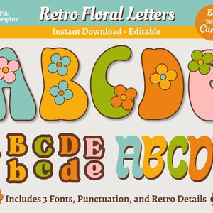 Retro Floral A-Z Bulletin Board Letters, Classroom Decor, School Class Decorations, Groovy Letters, Retro Floral Decor, Editable Trendy Font