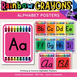 Rainbow Crayons Alphabet Posters, Printable & Editable Classroom Alphabet Prints, Rainbow Crayon Classroom Theme, Cursive Alphabet Posters