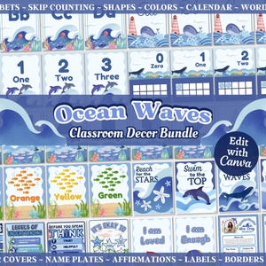 Ocean Theme Klassenzimmer Dekor Bundle, druckbare & bearbeitbare Klassenzimmer Poster, Strand Thema Elementare Dekor, Canva Vorlage, sofortiger Download