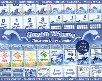 Ocean Theme Classroom Decor Bundle, Printable & Editable Classroom Posters, Beach Theme Elementary Decor, Canva Template, Instant Download