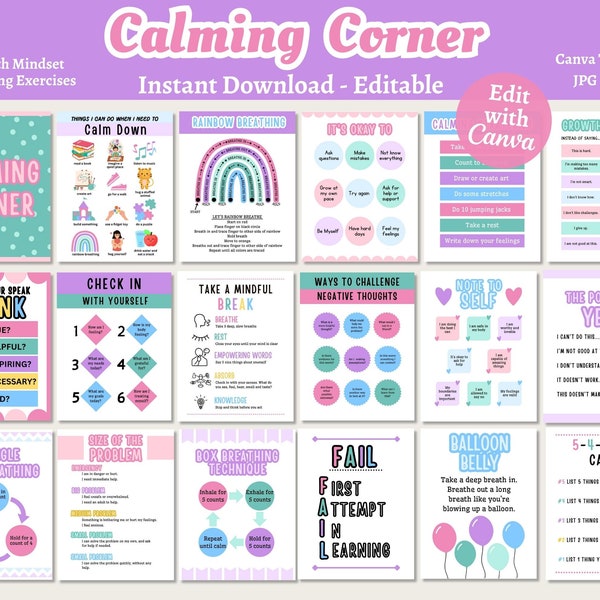 Pastel Calming Corner Bundle, Editable Learning Posters, Growth Mindset, Breathing Techniques, Printable Educational Posters, Mindfulness