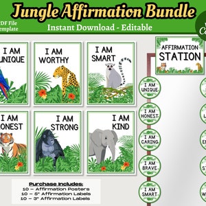 Jungle Affirmation Bundle, Classroom Affirmation Station, Editable Printable, Jungle Animal Decor, Instant Download, Teacher Canva Template