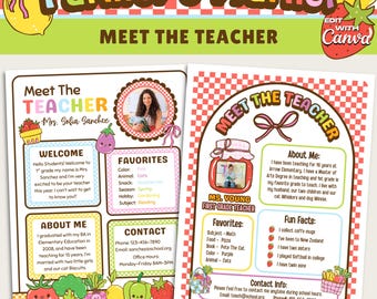 Könnte beinhalten: Ein farbenfrohes, druckbares Template im "Bauernmarkt"-Stil mit zwei "Meet the Teacher"-Vorlagen. Die Vorlagen enthalten Lehrerprofile mit Fotos, Lieblingsdingen, Kontaktinformationen und lustigen Fakten. Enthält eine Canva-Vorlage.