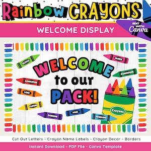 Rainbow Crayons Welcome Display, Printable Back To School Bulletin Board, Teacher Door Display, Editable Classroom Decor, Canva Templates