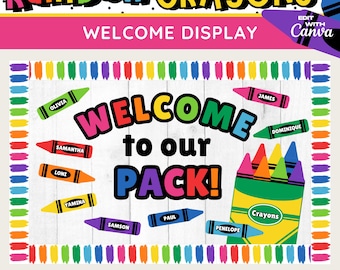 Tablón de anuncios de crayones arcoíris: Decoración para el aula de regreso a clases (Plantilla de Canva, descarga digital)