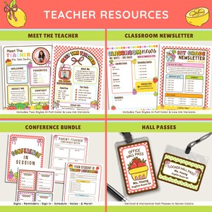 K&ouml;nnte beinhalten: Eine Sammlung von Lehrerressourcen mit Zitronen-Thema. Enth&auml;lt Vorlagen f&uuml;r "Meet the Teacher", Klassen-Newsletter, Konferenzpakete und Sch&uuml;lerausweise. Die Sch&uuml;lerausweise sind vertikal und horizontal in sieben Farben.