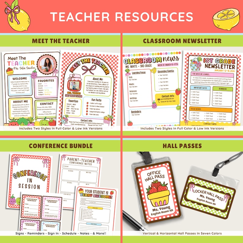 K&ouml;nnte beinhalten: Eine Sammlung von Lehrerressourcen mit Zitronen-Thema. Enth&auml;lt Vorlagen f&uuml;r "Meet the Teacher", Klassen-Newsletter, Konferenzpakete und Sch&uuml;lerausweise. Die Sch&uuml;lerausweise sind vertikal und horizontal in sieben Farben.