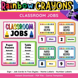 Può includere: Set di etichette stampabili per i lavori di classe a tema matite colorate. Il set include un cartello che dice "Lavori di classe", schede di lavoro con nomi ed etichette numerate. Le schede di lavoro includono "Passatori di carta", "Equipaggio del tavolo", "Aiuto porta", "Aiuto luci", "Passatore di carta" e "Custode del tempo".