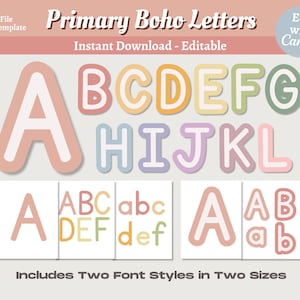 Letras A-Z para tablón de anuncios con arcoíris bohemio de primaria, decoración para aulas y escuelas, letras y números editables para tablones de anuncios.