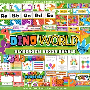 Dinosaur Classroom Decor Set: Editable Teacher Organization (Canva Template Digital Download