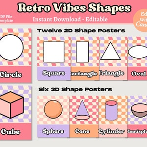 Pode incluir: Um conjunto de cartazes imprimíveis que apresentam formas 2D e 3D. Os cartazes têm um estilo retro com um esquema de cores rosa, laranja e roxo. Os cartazes são etiquetados com os nomes das formas, como círculo, quadrado, triângulo, cubo, esfera e cone. Os cartazes são projetados para serem usados em uma sala de aula ou em casa para ajudar as crianças a aprender sobre formas.