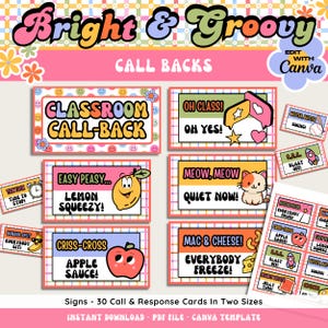 May include: A set of brightly coloured classroom call-back cards with fun designs and text. The cards include phrases such as "Classroom Call-Back," "Easy Peasy... Lemon Squeezy!" and "Meow, Meow, Quiet Now!" The cards are available in two sizes.
