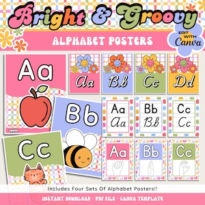 Pode incluir: Um conjunto de cartazes de alfabeto coloridos com um design retro. Cada cartaz apresenta uma letra do alfabeto, juntamente com uma ilustração. Os cartazes incluem o texto "Bright & Groovy" e "Alphabet Posters".