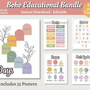 Carteles educativos, plantilla de Canva editable, decoración de preescolar preescolar primaria Boho, imprimibles para profesores, carteles de matemáticas, paquete de aprendizaje