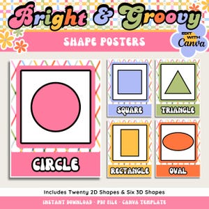 Pode incluir: Cartazes de formas « Bright & Groovy » com um design retrô. Apresentam um círculo rosa, um quadrado azul, um triângulo verde, um retângulo amarelo e um oval laranja. O texto inclui « Shape Posters », « Circle », « Square », « Triangle », « Rectangle » e « Oval ».