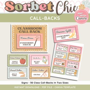 May include: A collection of classroom call-back signs in a vintage style. The signs feature phrases like "Everybody Focus!" and "Apple Sauce!" in a mix of pink, peach, and green colors. The text "Sorbet Chic" is at the top.