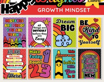 Pósteres de mentalidad de crecimiento arcoíris para el aula: Decoración infantil editable (plantilla de Canva)