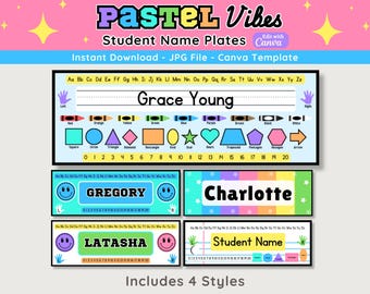 May include: Four colorful student name plates with different designs. The first plate has a rainbow border and a white background with the text "Grace Young". The second plate has a blue background with a smiley face and the text "GREGORY". The third plate has a green background with a smiley face and the text "LATASHA". The fourth plate has a rainbow border and a white background with the text "Student Name".