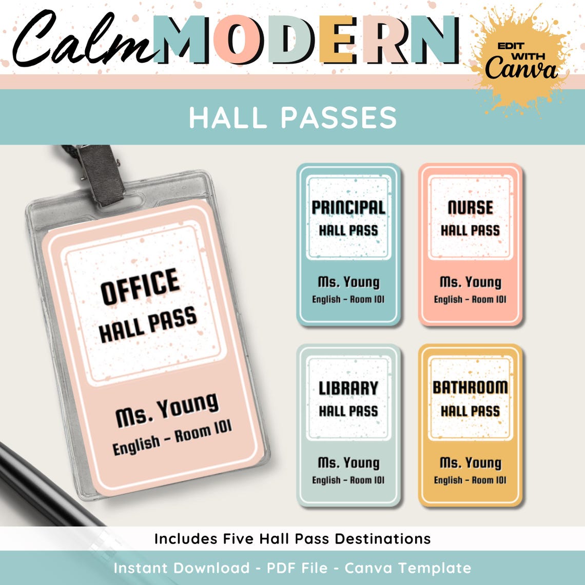 Modern Classroom Hall Passes: Printable, Editable Canva Template ...