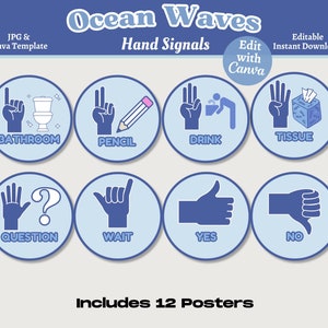 Ocean Theme Handzeichen, druckbare & bearbeitbare Klassenzimmer Handzeichen Poster, Sofortiger Download, Canva Vorlage