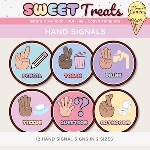 Classroom Hand Signal Signs, Printable & Editable Classroom Hand Signs, Pastel Classroom Wall Decor, Canva Template