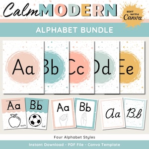 Puede incluir: Un conjunto de tarjetas de alfabeto con cuatro estilos diferentes. Las tarjetas presentan una variedad de colores, incluyendo rosa, azul, amarillo y verde. Las letras están en una fuente simple y moderna. El texto en la imagen dice "Calm MODERN Alphabet Bundle".