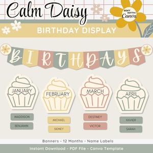 Boho cupcake verjaardagsdisplay, afdrukbare student verjaardagen prikbord, bewerkbare Calm Daisy Classroom Decor, leraar canvas sjabloon