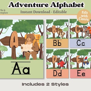 Adventure Alphabet, Printable & Editable A-Z Posters, Camping Animals Alphabet, Classroom Decor Instant Download, Teacher Canva Template
