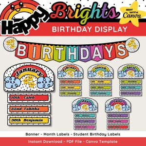Rainbow Classroom Birthday Display,  Printable & Editable Student Birthdays Bulletin Board Kit, Bold Rainbow Classroom Decor, Canva Template